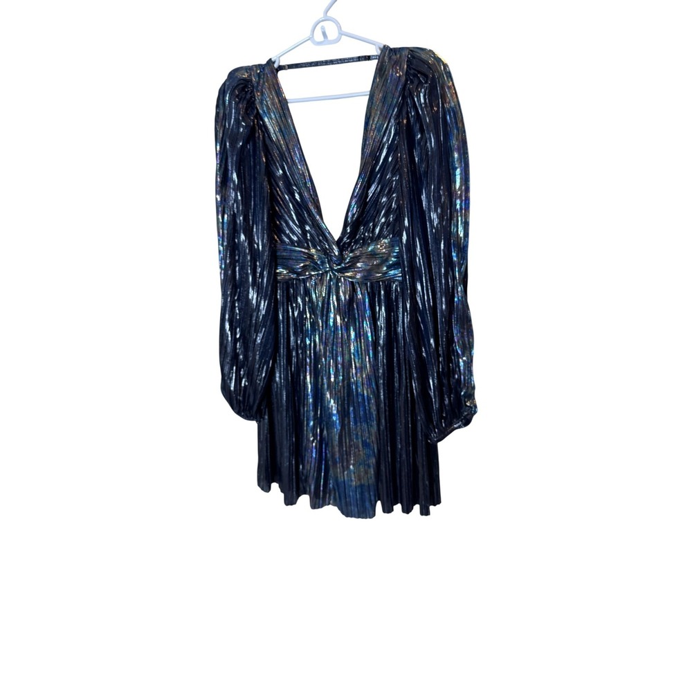 Sabina Musayev Dress Womens Large Silver Metallic V Neck Mini Party D20341